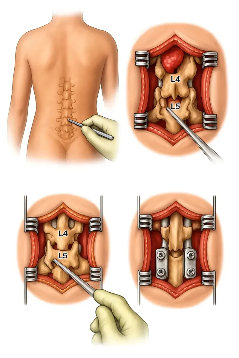 Schema Wirbelsäulen-OP — Risiken und Phasen